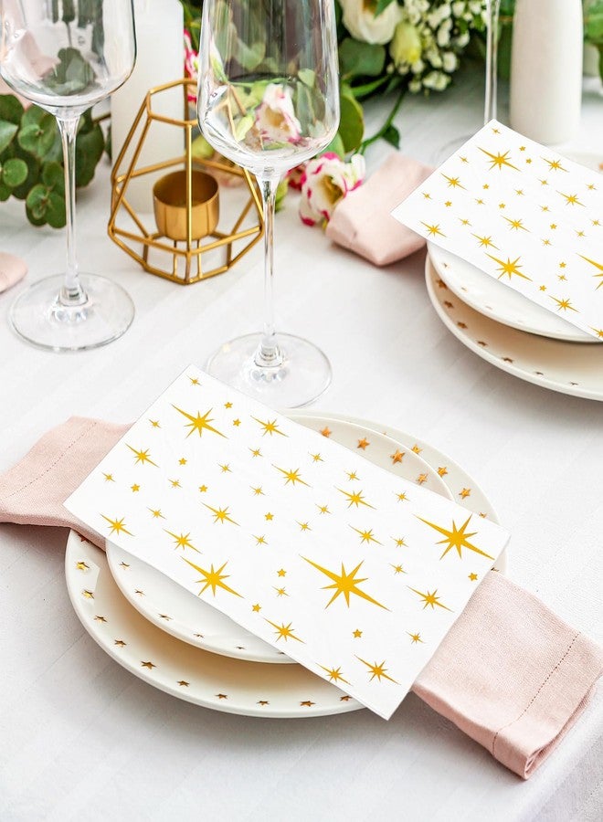 JarThenaAMCS مناديل ضيوف JarThenaAMCS، 100 قطعة، مزينة بنجوم ذهبية لامعة، للاستخدام مرة واحدة، بنقشة نجوم براقة، مثالية لتزيين طاولات الحمامات، وحفلات أعياد الميلاد، وحفلات الزفاف. - Image 5